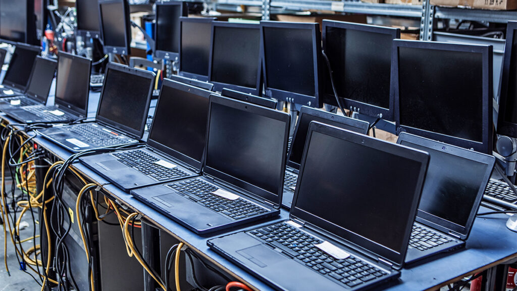 A warehouse storage of laptop computers
