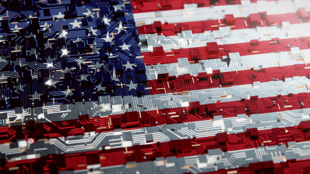 Technology background with national flag of the United States. 3D rendering