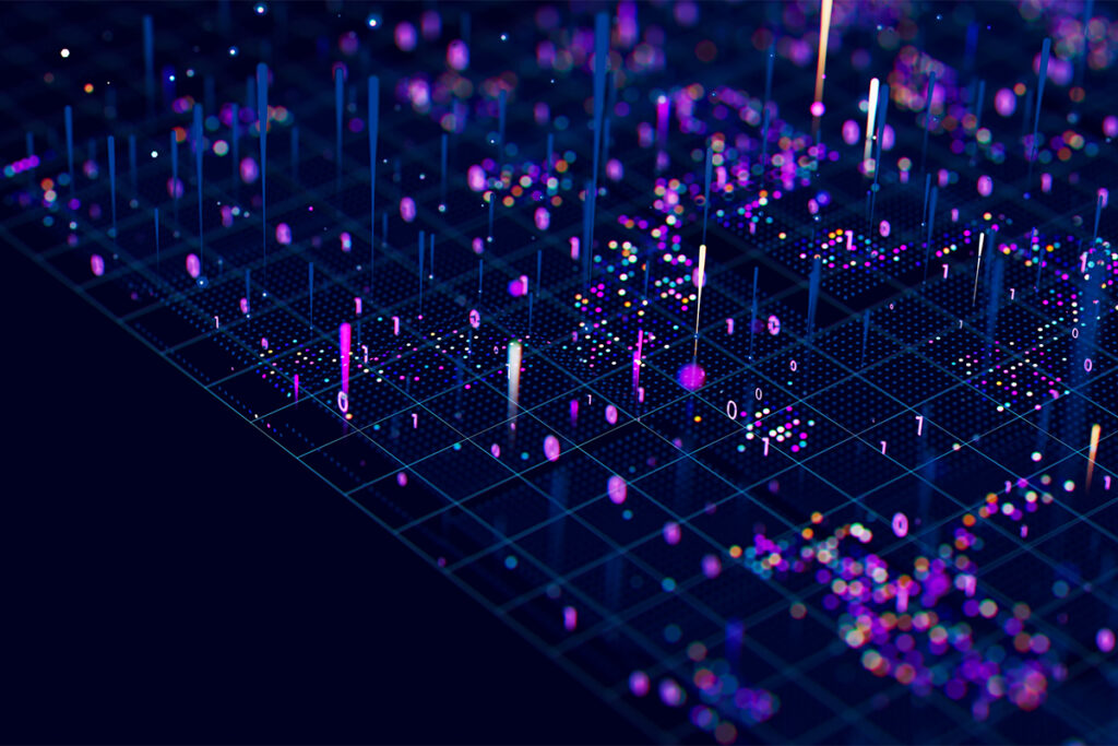 Macro of quantum computing technology. Digital patterns of big data. Microworld of LLM AI learning process. Nano technology presentation. 3d render illustration