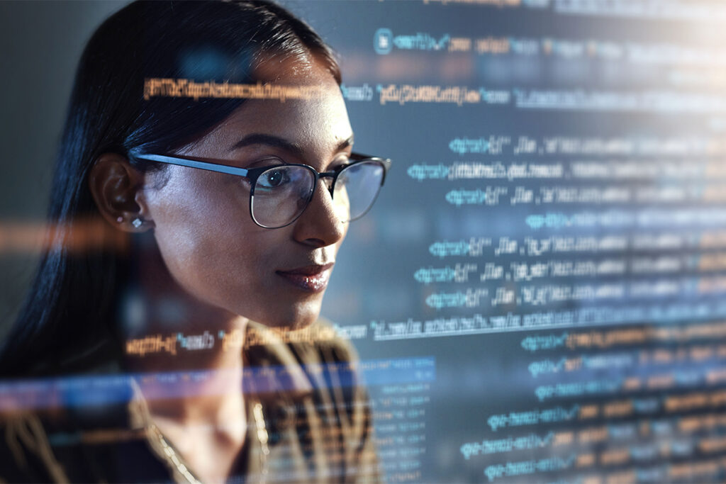 Software, data hologram and woman with code analytics, information technology and gdpr overlay. Programmer coding or IT person in glasses reading html script, programming and cyber security research